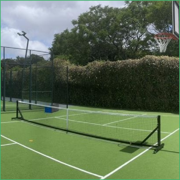 Outdoor tennis court with a net