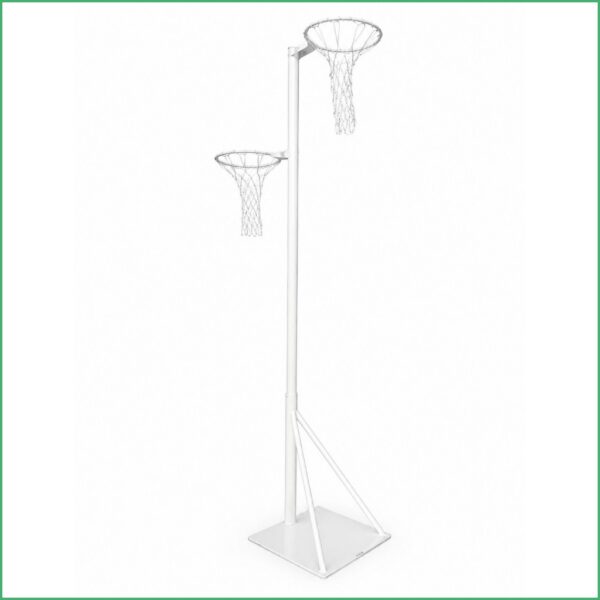 White portable basketball hoop stand with two hoops at different heights on a single pole