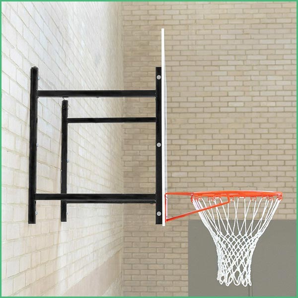 Basketball hoop mounted to a brick wall with a black metal support structure and a white net