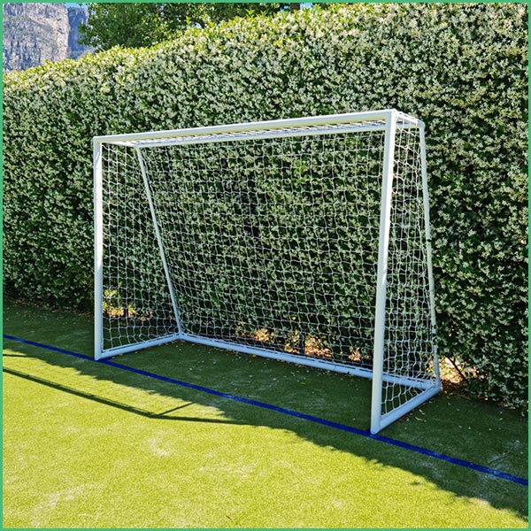 Soccer goal on artificial turf next to a tall green hedge, with a blue line on the ground nearby