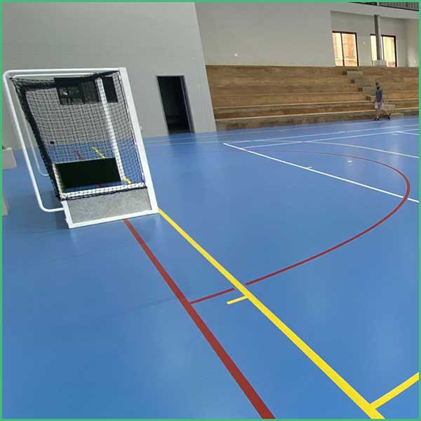 Small indoor sports goal on a blue court with red and yellow lines; wooden bleachers and a person in the background