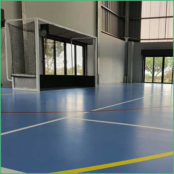 Indoor gym with a netted goal on the left, a blue court, and windows along the far wall