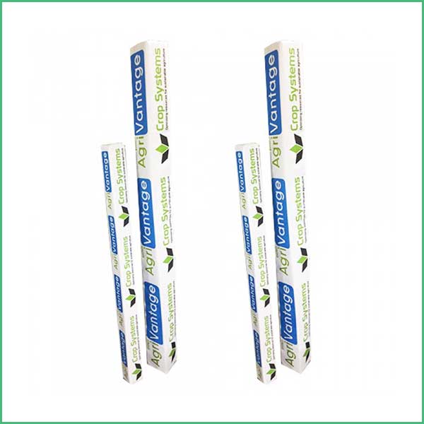 Two tall white AgriVantage crop systems boxes with blue and green text, standing upright side by side