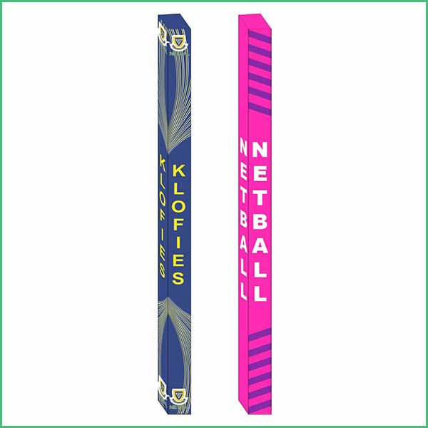 Two cricket bats standing upright on a white background; one blue with gold detailing, the other pink with purple stripes