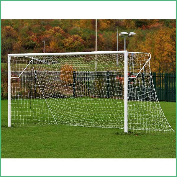 Soccer goal with white frame and net on a grassy field, autumn trees in the background