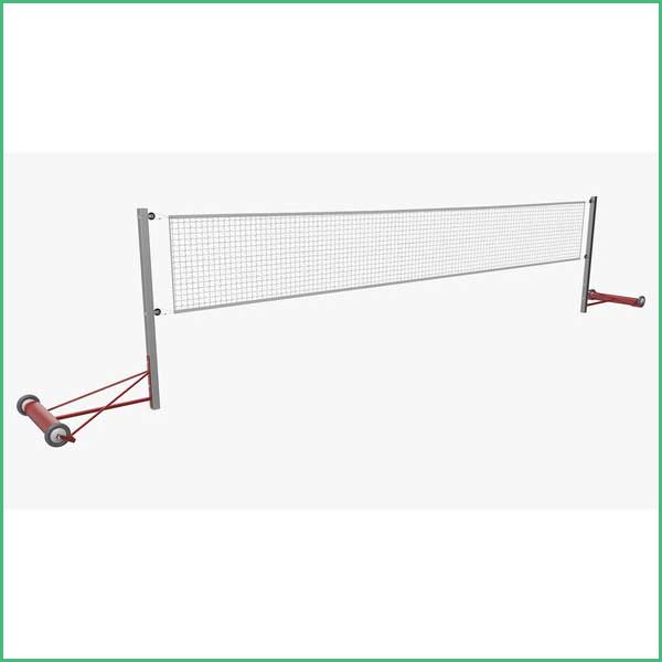 Portable net system with a long mesh net between two posts, each with a crank handle and wheels for tensioning and transport