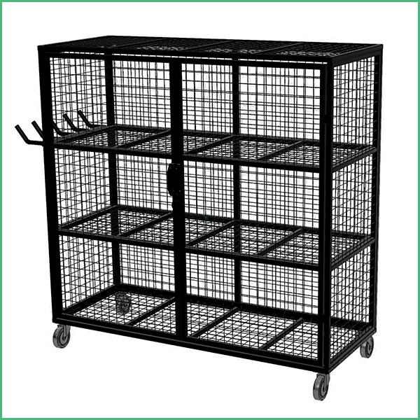 Black metal rolling storage cage with wire mesh sides and multiple shelves on four casters, plus side hooks for hanging items