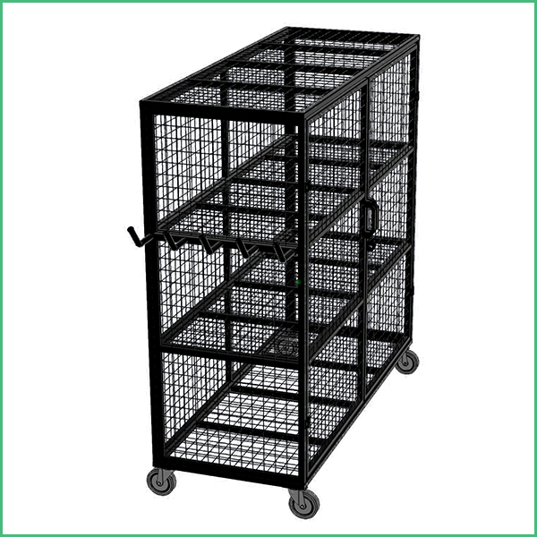 Black metal wire storage cart on four casters with side hooks and multiple open mesh shelves on all sides