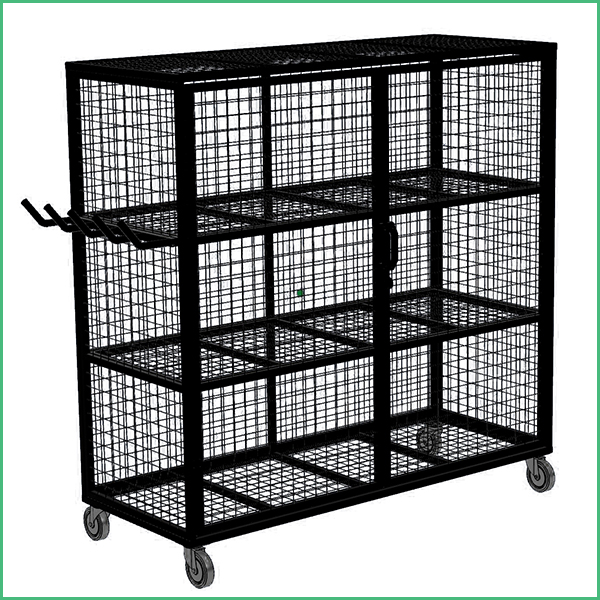 Black metal wire storage cart on caster wheels with three shelves and side hooks for hanging items