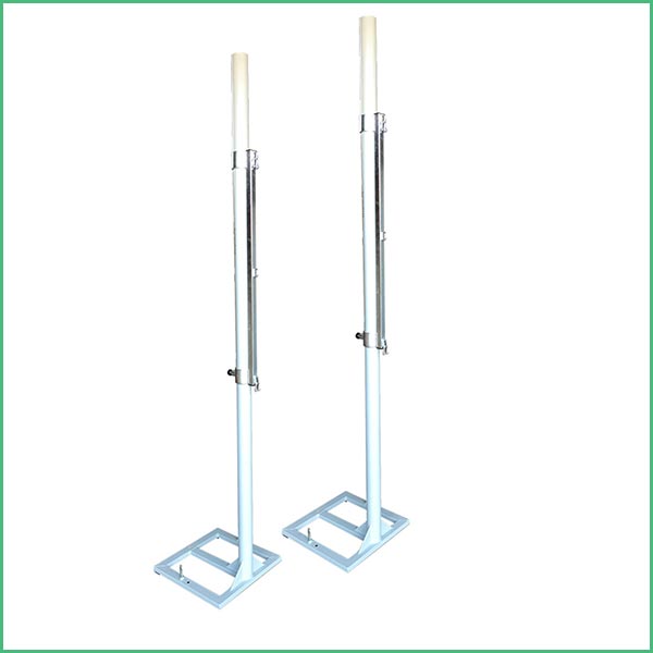 Pair of adjustable metal display stands with vertical poles and white caps on light blue square bases