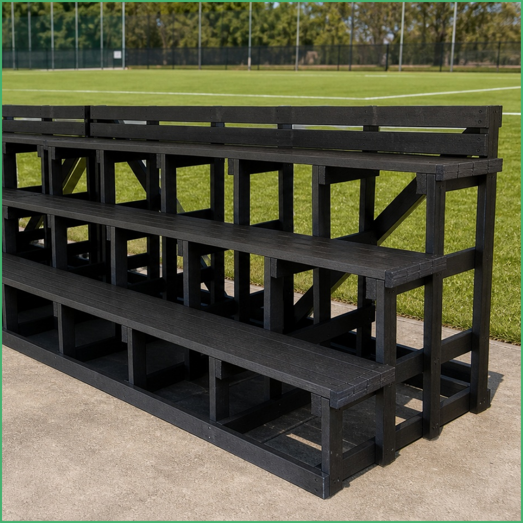 Three tier wooden bleachers designed to seat 24 people