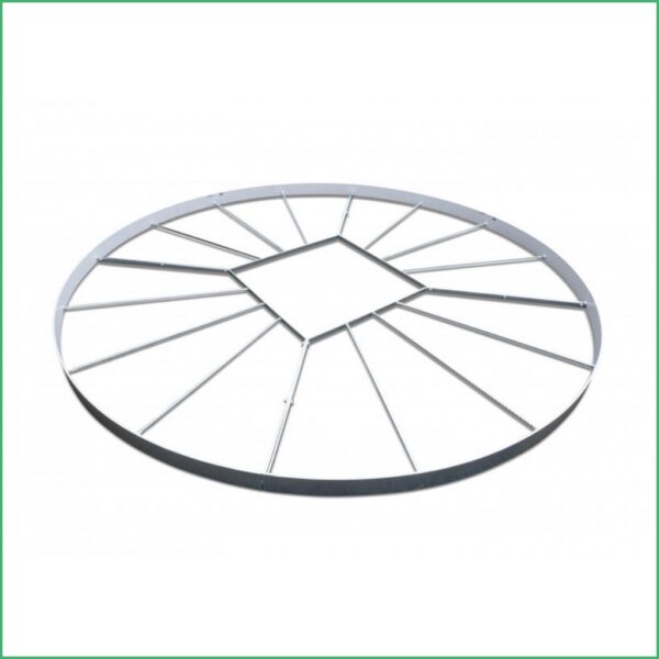 Circular metal frame with radiating spokes and a square central opening
