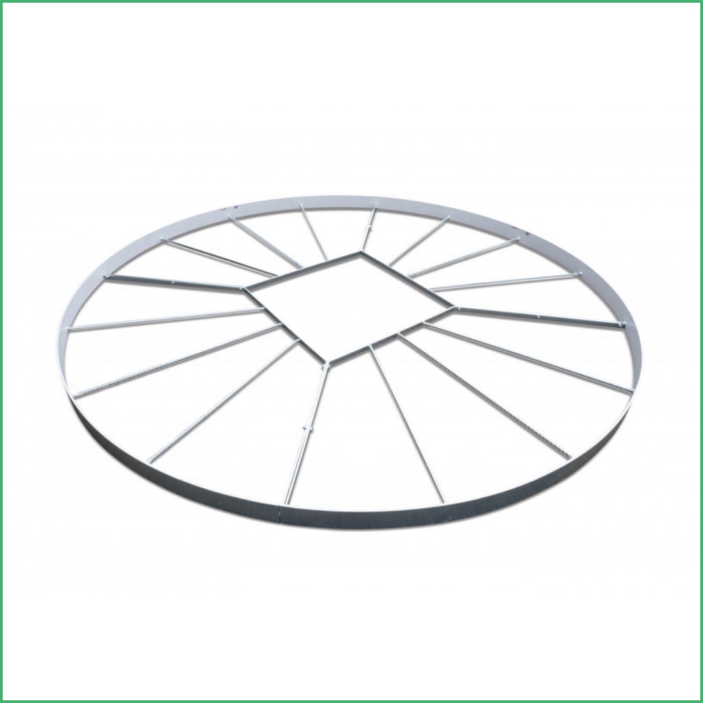 Circular metal frame with radiating spokes and a square central opening